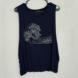 Brandy Melville Navy Muscle Tee with White Wave Graphic